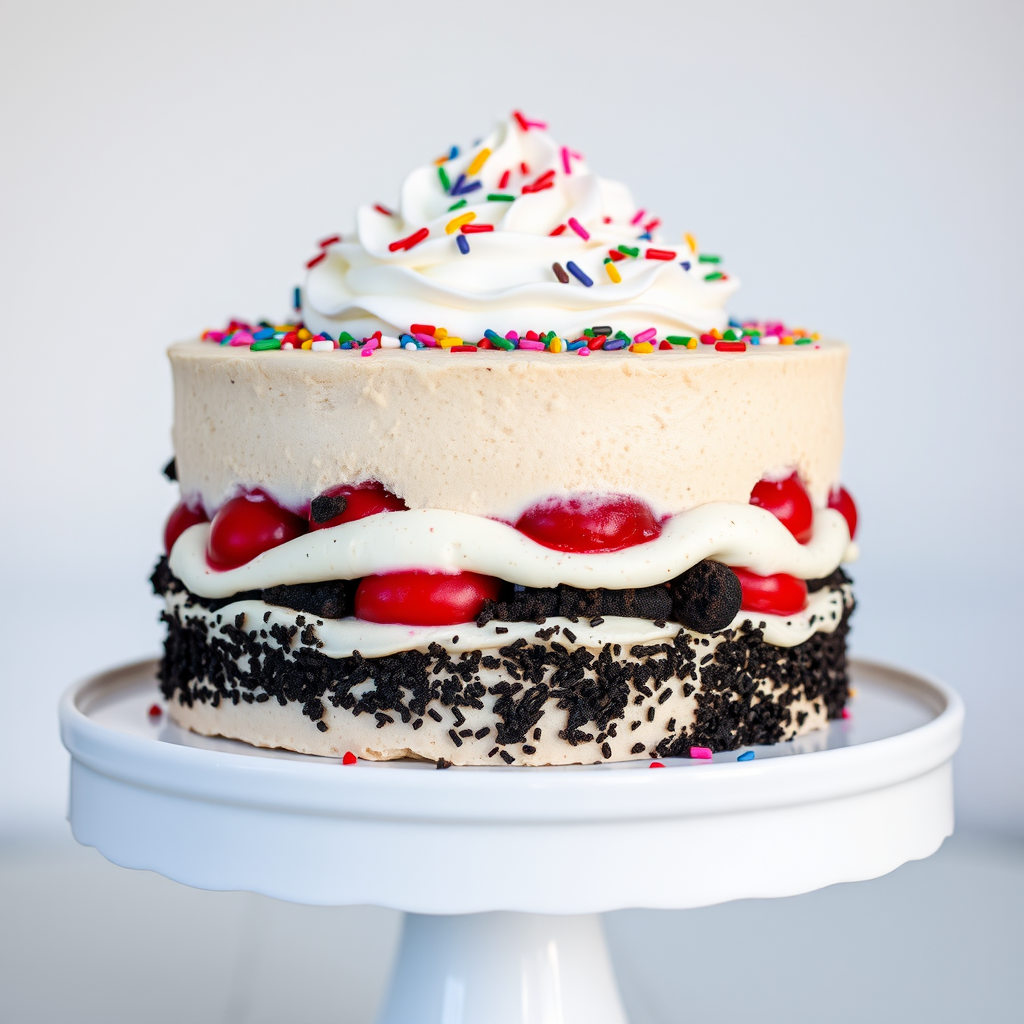 Create an image of a layered ice cream cake with distinct layers of chocolate ice cream red fruit filling and a black cookie crumble layer topped with whipped cream and colorful sprinkles on a white cake stand against a light background.