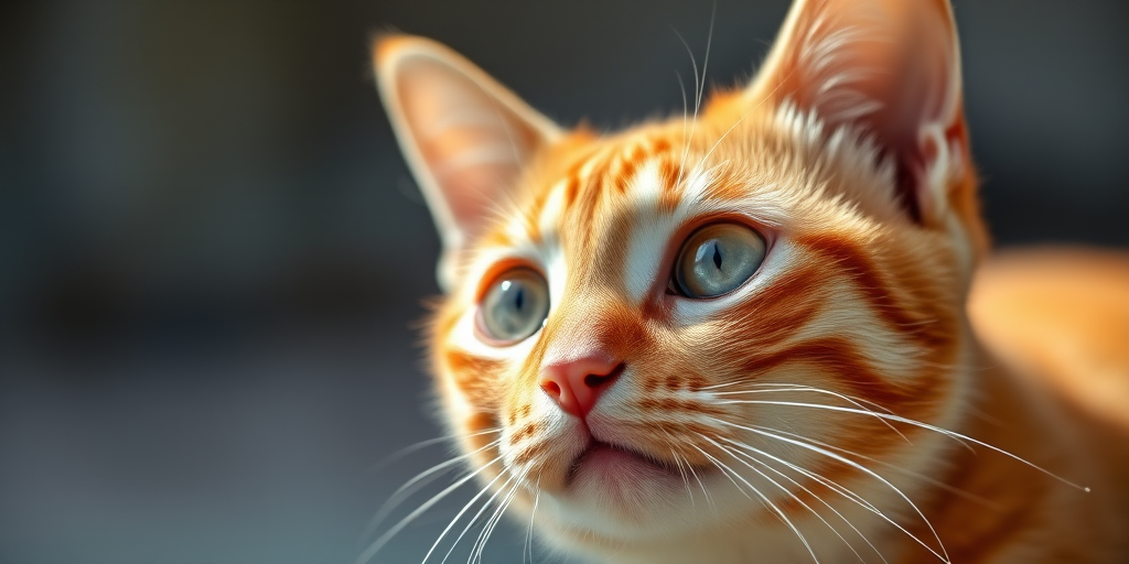 A close-up shot of a curious orange tabby cat, captured with a Canon EOS 5D Mark IV, 50mm lens, aperture f/1.8, ISO 400, natural light, shallow depth of field.