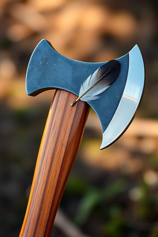 Create a high-resolution image of a wooden-handled axe with a polished metal blade and decorative feathers attached to the handle, using a DSLR camera with a 50mm lens, f/1.8 aperture, ISO 100, natural lighting, and a shallow depth of field for emphasis.