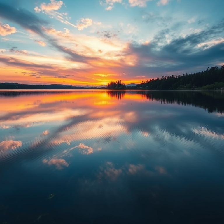 Generate a high-resolution image of a majestic sunset over a tranquil lake, captured with a Canon EOS R5, 24mm lens, aperture f/8, ISO 100, using a dynamic range setting for vibrant colors and enhanced clarity, shot from a low angle to emphasize the reflection on the water.