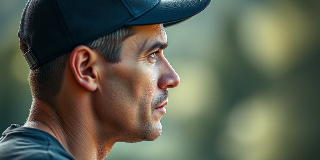 Generate a high-resolution side profile portrait of a man wearing a cap, with a soft-focus background, using a DSLR camera, 85mm lens, aperture f/1.8, ISO 100, and natural lighting to enhance detail and depth.