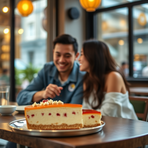 couple dining at a cafe with Japanese cheesecake in the background, shallow depth of field, 50mm lens, aperture f/1.8, ISO 200, natural light, outdoor setting, 4K resolution, HDR photography
