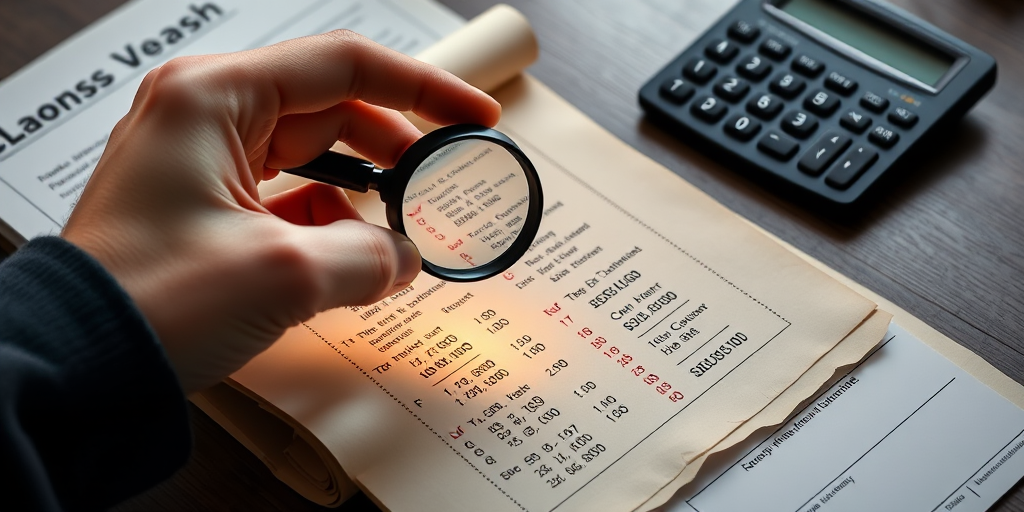 Create a high-resolution digital illustration of a person's hand holding a magnifying glass over a scroll of paper with numbers and calculations on it, positioned next to a calculator, using a Canon EOS R5 camera with a 50mm lens, aperture set to f/1.8, ISO 100, shot from a slightly elevated angle to enhance depth.