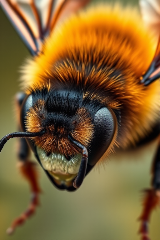 Generate a high-resolution illustration of a bee, showing detailed wings and body texture, using a macro lens with an aperture of f/2.8, 1/200 sec exposure, shot from a top-down perspective, with vibrant colors and sharp contrasts, in a digital art style.