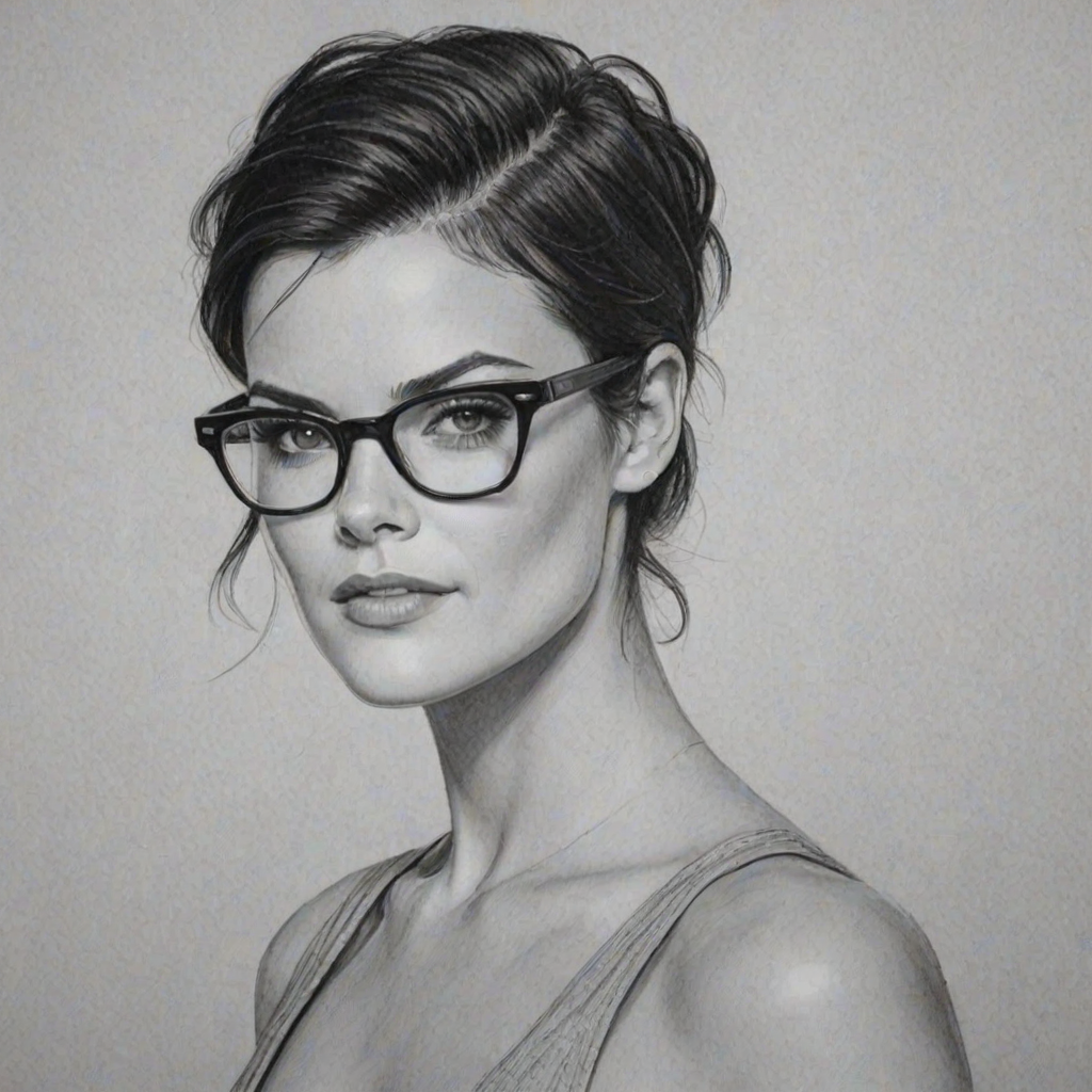 Stunning Jaimie Alexander, pencil sketch, portrait of Captivating woman 1959s in glasses, hair style beatnik, outline, clear lines, fine lines, 8k