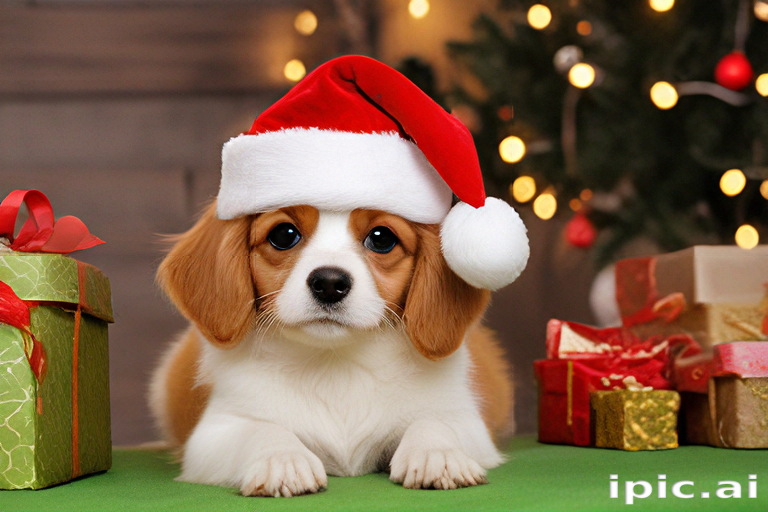 Adorable Puppy Wearing Santa Hat Surrounded by Christmas Gifts and Cheer