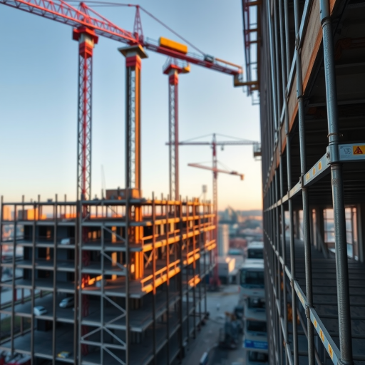 high-resolution image of a construction site with a focus on scaffolding structures, captured in early morning light with a wide-angle lens, aperture f/8, ISO 100, shutter speed 1/250s, viewed from a slightly elevated angle to showcase depth and layers, using a DSLR camera