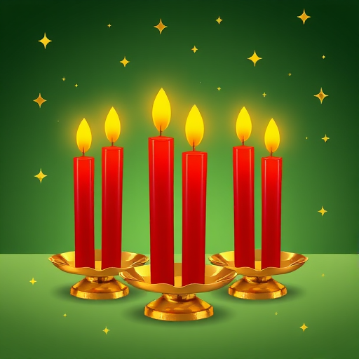 Create a digital illustration of four red candles on golden holders, with flames glowing brightly, set against a gradient green background dotted with yellow stars, using a DSLR camera with a 50mm lens, aperture f/1.8, ISO 200, and a soft focus effect to enhance the image quality.