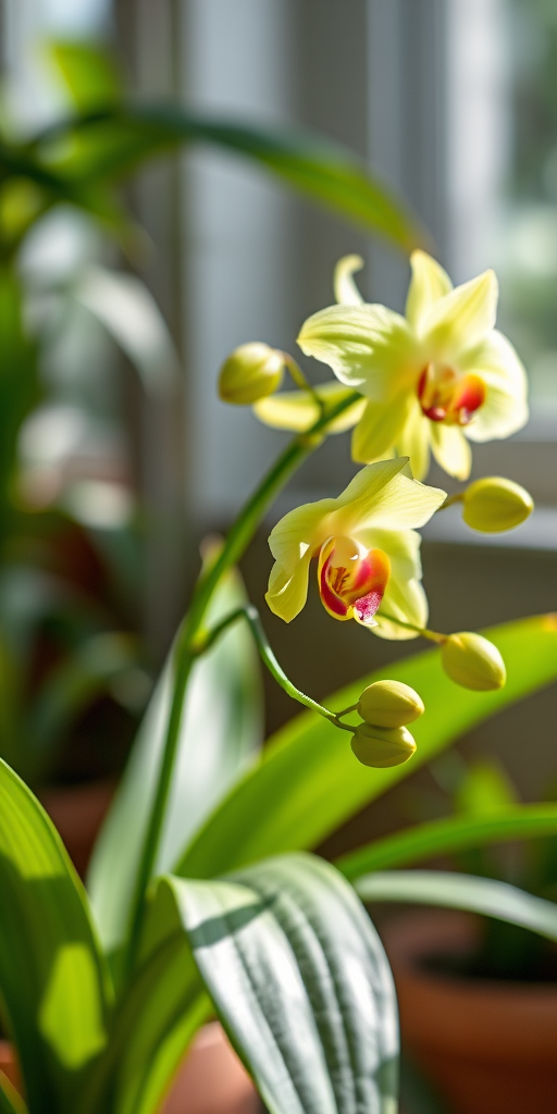Create a high-resolution image of a vibrant orchid plant with green flowers and long leaves, captured with a DSLR camera at f/2.8, ISO 100, with a shallow depth of field and soft natural lighting, in a close-up view to enhance the details and colors.