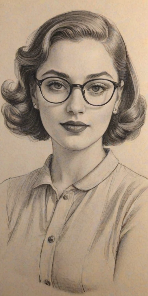 Wonderful Chloe Fineman, pencil sketch, portrait of Gorgeous woman 1938s in glasses, hair style beatnik, outline, clear lines, fine lines, 8k