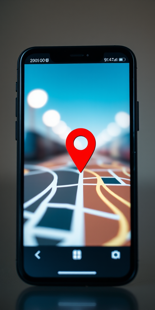 Create a high-resolution image of a smartphone with a location pin on the screen, using a 50mm lens, f/1.8 aperture, ISO 100, with a shallow depth of field, captured from an eye-level angle in a studio setting, emphasizing soft lighting and clean background to enhance image quality.