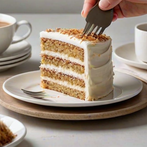 Generate an image of a layered cake with a creamy frosting on top. The cake should have a slice cut out, revealing its moist texture and layers. The scene includes a white plate with the slice on it, alongside a fork. The background should be simple, allowing the cake to be the focal point. Add some decorative elements like toasted coconut flakes on the frosting.