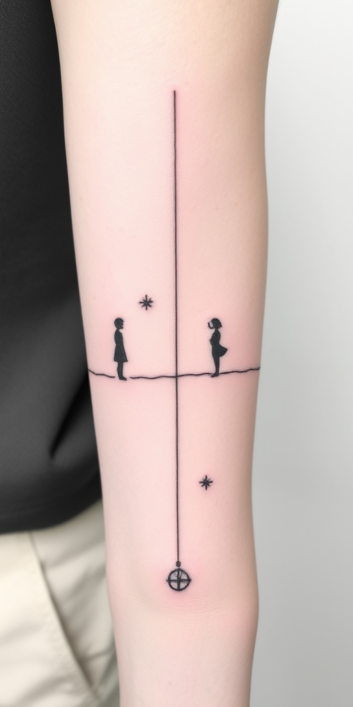 Minimalist line art tattoo named "Whispered Secrets" consisting of delicate continuous lines forming subtle silhouettes and hidden symbols in a soft gray ink for a subtle elegant look