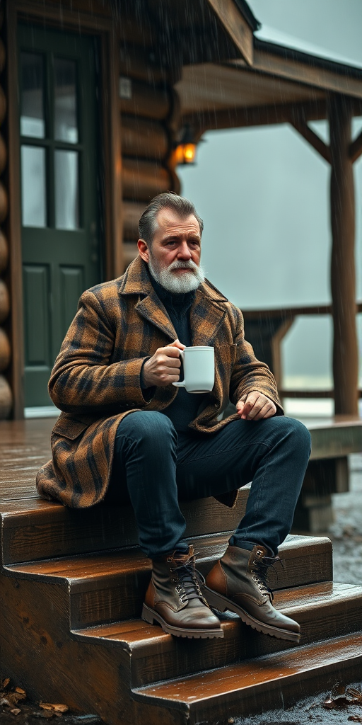 A contemplative man sitting on the steps of a cabin in the rain, holding a cup of coffee and smoking a cigarette, wearing a brown plaid coat and rugged boots, soft focus, natural lighting, 50mm lens, f/1.8 aperture, ISO 200, shallow depth of field, DSLR camera.