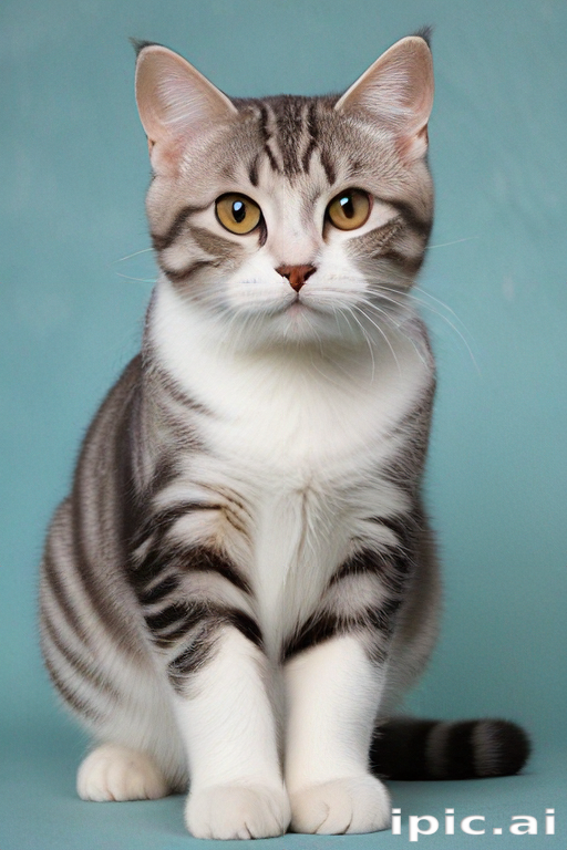 Adorable Silver Tabby Cat Posing Elegantly Against a Soft Blue Background