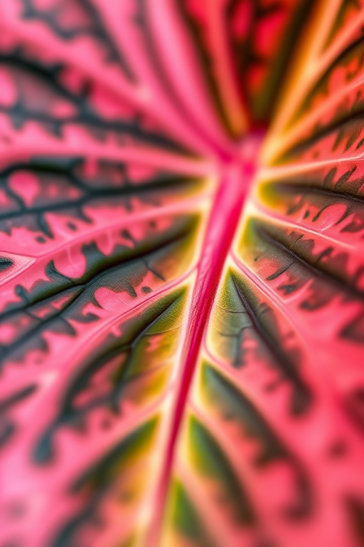 macro shot of a Caladium leaf with intricate patterns and vibrant colors, natural light, shallow depth of field, ISO 100, f/2.8, 35mm lens, DSLR camera, focus on leaf texture and details