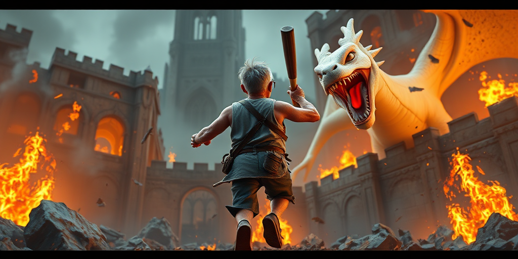 Cartoon 3D High-Resolution,dynamic battle scene using Unreal Engine 5 and Octane Render. The scene features back of an elderly, thai man with a beard,messy hair and round golden-rimmed glasses. He is wearing a tattered tank top with soot marks, shorts, and sandals. sweating. he wields a baseball bat. He jump to fight with a white fire-breathing Europe dragon amidst a partially destroyed stone castle. Include intense flames, smoke, and debris to enhance the dramatic effect.