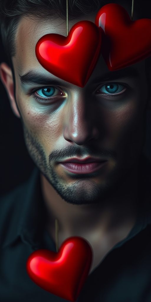 Create a moody portrait of a man with piercing eyes, a dark background with two glossy red hearts, using a Canon EOS R5 with a 50mm f/1.2 lens, aperture set to f/1.4, ISO 100, and a soft-focus effect.