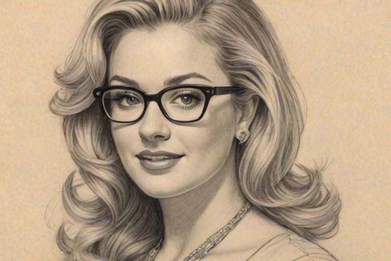 Fetching Tiffany Thornton, pencil sketch, portrait of Enticing woman 1947s in glasses, hair style beatnik, outline, clear lines, fine lines, 8k
