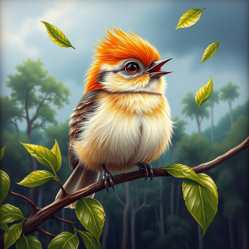 airbrushed oil painting,  a cute little bird, sitting on a branch with lush leaves, startled eyes, his feathers ruffled and blown up, leaves in the air, background bending trees in a forest, storm clouds