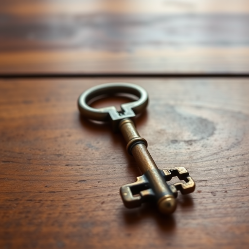 Create a high-resolution image of a vintage skeleton key on a wooden table, using a DSLR camera with a 50mm lens, aperture set to f/2.8, shutter speed 1/60 sec, ISO 100, in natural light with a shallow depth of field to emphasize the key's details.