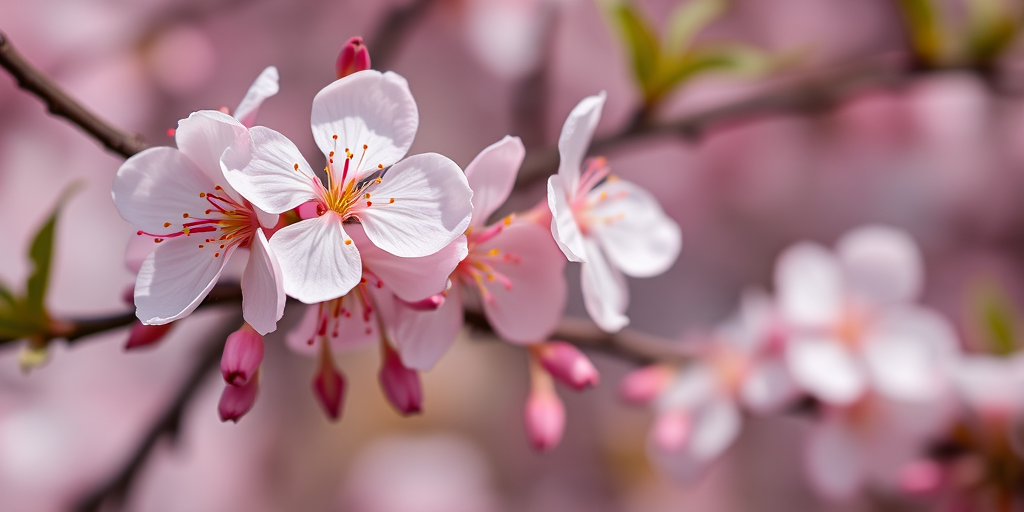 Close-up of cherry blossom flowers with a soft focus background, aperture f/2.8, shutter speed 1/500s, ISO 100, macro lens, natural light, DSLR camera.