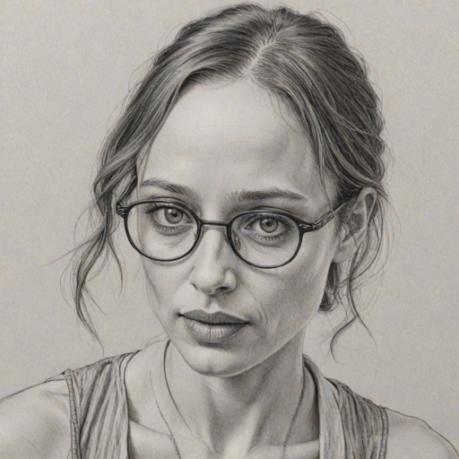 Radiant Fiona Apple, pencil sketch, portrait of Superb woman 1931s in glasses, hair style beatnik, outline, clear lines, fine lines, 8k