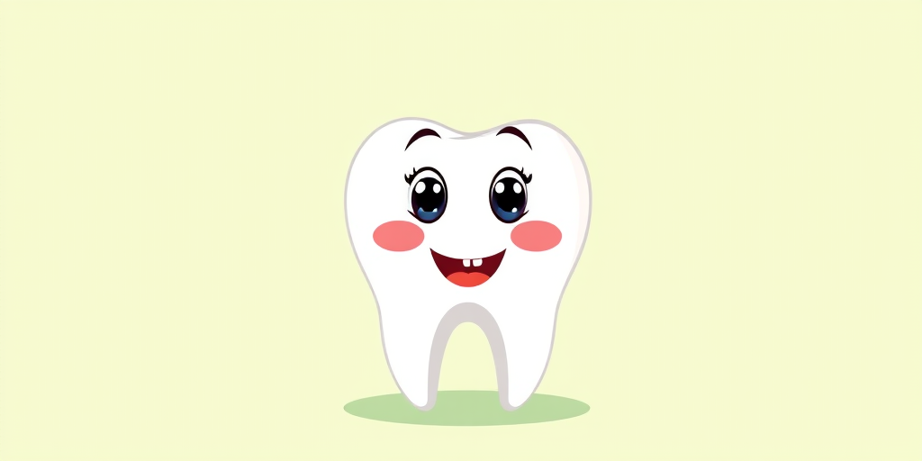Create a cute cartoon illustration of a smiling tooth with big eyes and rosy cheeks on a light green background, using a Canon EOS R5 camera with a 50mm lens at f/2.8, 1/200s shutter speed, and ISO 100 for enhanced image quality.