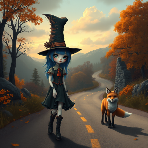 digital art fantasy depicting a strange girl with blue hair, long eyelashes, orange lipstick and a tall hat walking along a winding road on an autumn afternoon, an Fox smiles as she passes