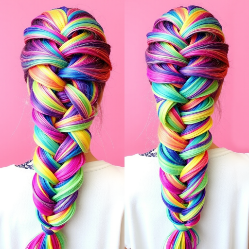 Whimsical rainbow unicorn braid, called "Prism Princess," intertwines multiple vibrant hues in a stunning, intricate plait that sparkles with glitter