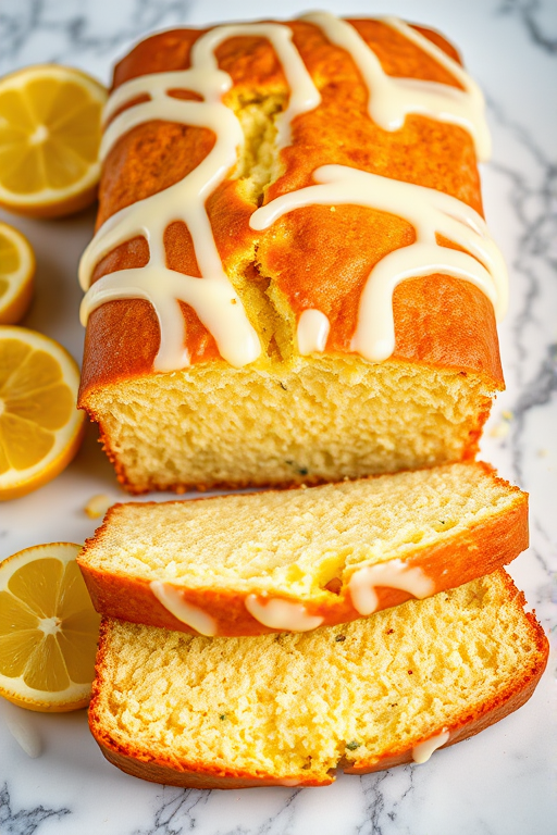 A freshly baked lemon loaf cake with a glossy icing drizzle on top, sliced to show its moist texture, accompanied by fresh lemon wedges on a marble surface.