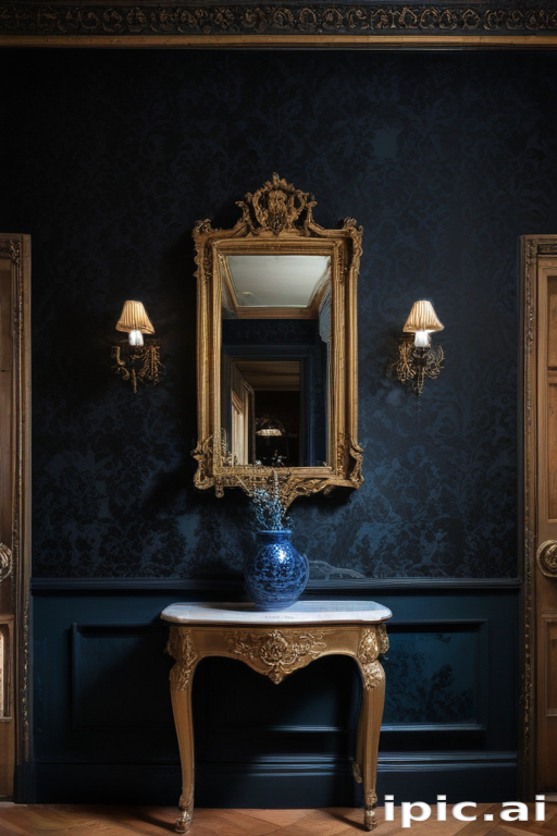 Elegant Entryway Featuring a Vintage Mirror and Ornate Decorative Elements