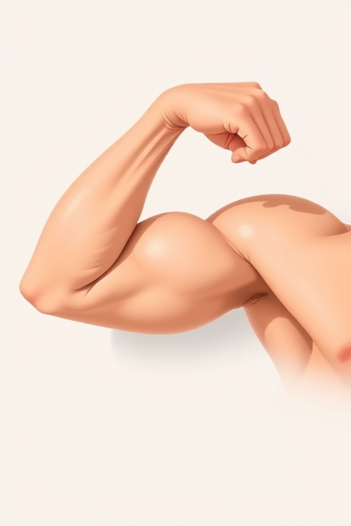 Create an illustration of a flexed bicep with a smooth skin tone, using a DSLR camera with a 50mm lens, f/1.8 aperture, ISO 100, natural lighting, top-down view, and a high-resolution setting to enhance image quality.