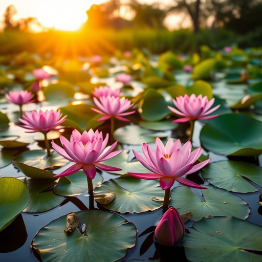A serene water lily pond at sunrise with blooming pink lilies and vibrant green lily pads, captured with a Canon EOS R5 at f/5.6, ISO 100, and a shutter speed of 1/200s, in a soft focus style to enhance the vivid colors and reflections on the water.