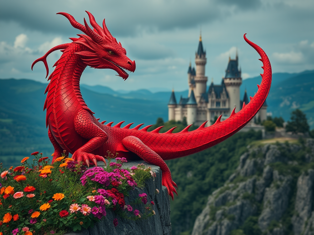 A majestic red dragon perched on a cliff surrounded by vibrant flowers and a scenic castle in the background, shot with a Canon EOS R5, 35mm lens, f/2.8, ISO 200, natural light, cinematic style, vibrant color grading.