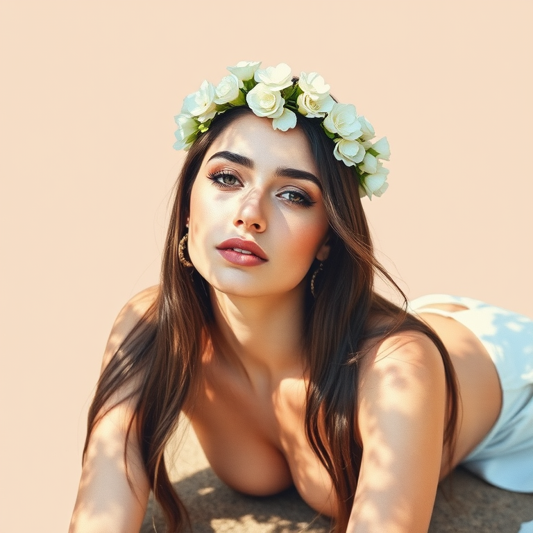 create a watercolor painting of an ethereal portrait of beautiful Chaldean woman with a simple white flower crown on her head. Her hair is long and she is lying on the ground. The sunlight on the trees casts shadows from the leaves on her face and body. The background is a neutral brown color that matches her skin tone. The image is minimalist and solid colors. This style is characterized by soft, delicate brushstrokes and a light, airy, contrasting color palette. High level of detail and play of light