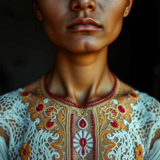 Face, shoulders, chest covered in openwork Malay embroidery. Raw, unedited image.