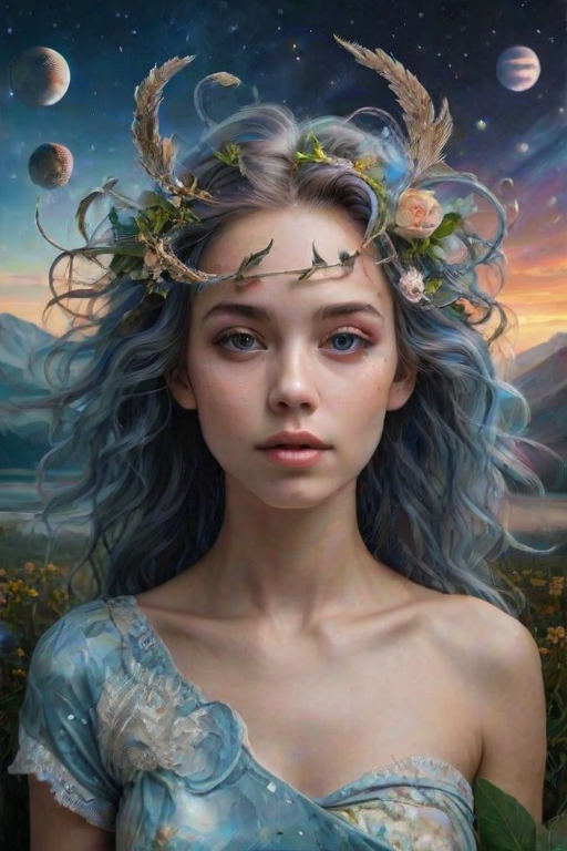 Create a series of imaginative portraits where each subject is infused with elements of fantasy and nature. The hair of the individuals should flow like clouds, varying from soft, fluffy cumulus to wispy cirrus strands, with hints of color reflecting a sunset or a clear blue sky. The eyes should be windows to entire galaxies, with stars, nebulae, and distant planets visible within them. Clothing should be adorned with nature motifs, such as floral patterns that bloom and change, vines that seem to grow and wrap around, or feathers that shimmer with iridescence. Each portrait should capture a unique personality, blending human features with the ethereal beauty of the natural and cosmic world. The backgrounds can vary, from starry night skies to enchanted forests, adding depth and context to the magical realism of the portraits