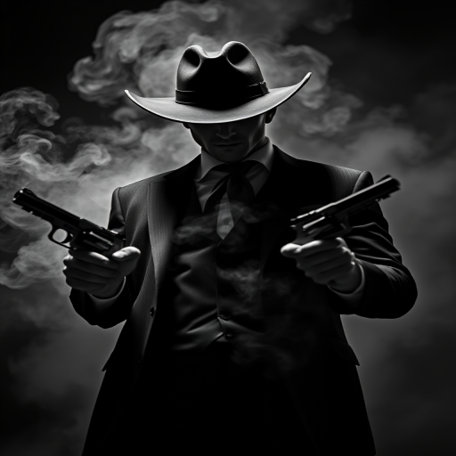 A mysterious figure in a stylish black suit and cowboy hat, holding two revolvers, smoke swirling around, dramatic lighting, high contrast, taken with a full-frame DSLR camera at f/2.8, ISO 100, shutter speed 1/200s, 50mm lens, cinematic style, low angle view, black and white.