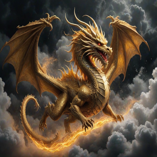 a majestic golden dragon soaring through swirling clouds, surrounded by ethereal mist and a dark background, intricate details in its scales and fiery expression, capturing a sense of movement and power