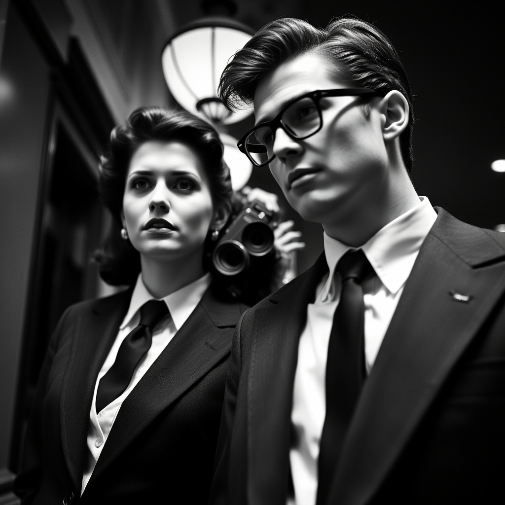 Black-and-white photograph, couple, tailored suits, retro hairstyles, film noir style, Tilt the camera for a dynamic Dutch angle using a versatile 24-70mm lens