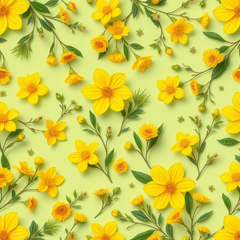 Create a vibrant floral pattern featuring yellow flowers and green foliage on a soft green background, using a Canon EOS R5 with a 50mm lens at f/2.8, ISO 100, 1/125s shutter speed, capturing in natural light for enhanced color saturation and detail.