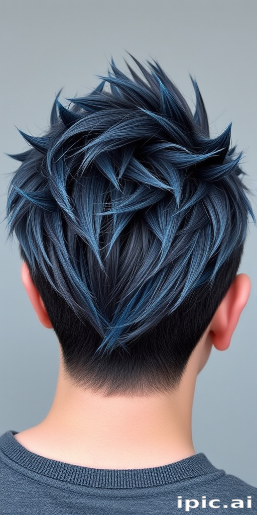Smoky charcoal grey pixie cut with textured spikes and icy blue tips, creating a fierce and edgy look inspired by jagged mountain peaks and winter storms.