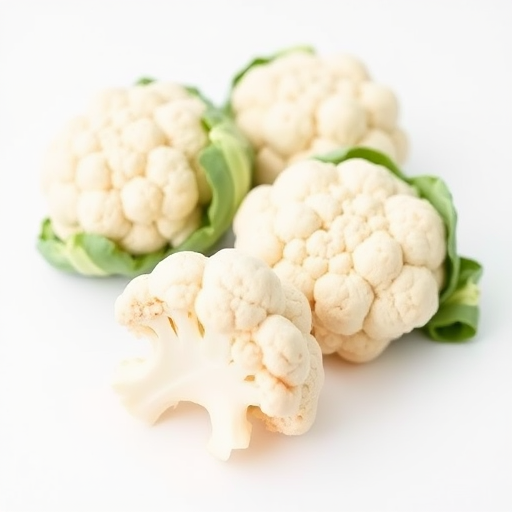 photograph of fresh cauliflower heads on a smooth white background, shallow depth of field, f/2.8 aperture, ISO 100, 50mm lens, natural lighting, DSLR camera