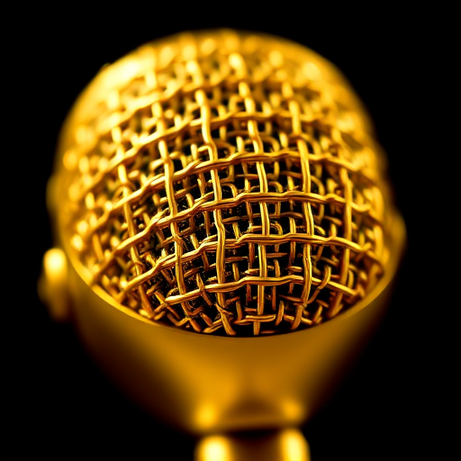 high-resolution image of a gold microphone with a shiny mesh grille, focused on the texture and details, black background, captured with a DSLR camera at f/2.8, 1/100s shutter speed, ISO 200, using a macro lens for enhanced clarity and depth of field