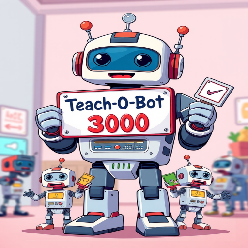 Create a colorful cartoon-style illustration of a friendly robot named Teach-O-Bot 3000 holding a sign with its name, surrounded by smaller robot helpers, all interacting and holding various educational tools, shot from a low angle perspective, using a digital camera with a wide aperture of f/2.8, 50mm focal length, ISO 100, and vibrant post-processing for enhanced image quality.