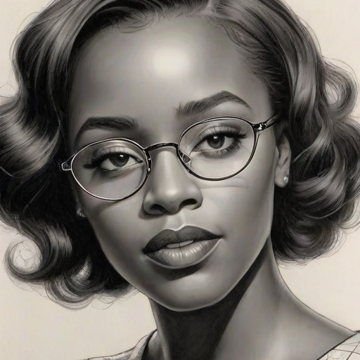 Bewitching Aja Naomi King, pencil sketch, portrait of Dazzling woman 1933s in glasses, hair style beatnik, outline, clear lines, fine lines, 8k