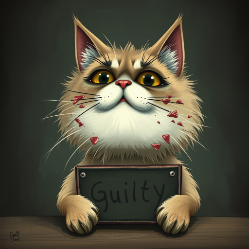A comical cartoon-like scruffy cat, battered, dirty, with a mug shot and 'guilty' written on the board, in a whimsical and surreal art style with dark fantasy themes, dramatic lighting effects, minimalist and abstract touches, hyper-realistic details, textured backgrounds, vintage aesthetics, playful and exaggerated characters, gothic aesthetics, intricate designs, detailed patterns, and artistic composition