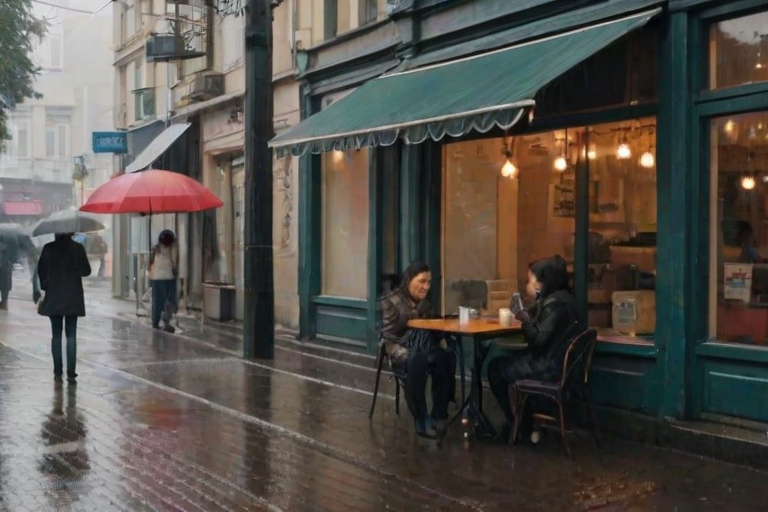 Small cafe on a rainy street, raindrops sliding down the window as a woman sits at a corner table, warm coffee in hand, watching passersby hurry with umbrellas.