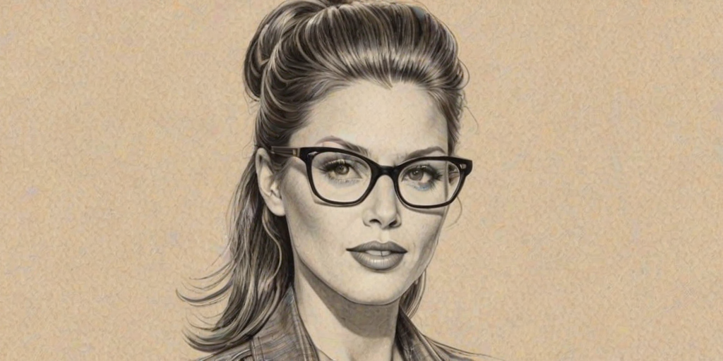 Exquisite Jill Wagner, pencil sketch, portrait of Bewitching woman 1957s in glasses, hair style beatnik, outline, clear lines, fine lines, 8k
